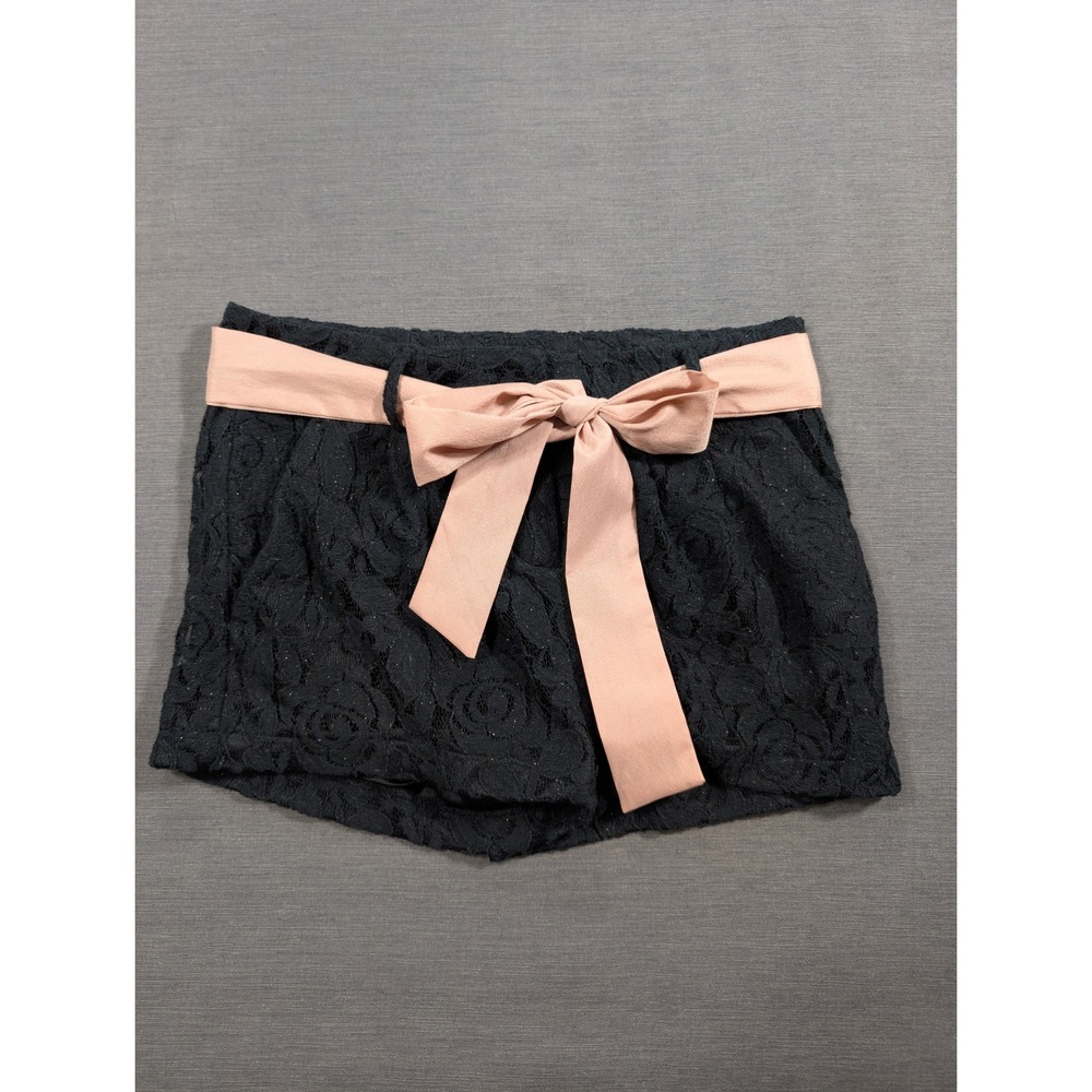 Ezra Black Glitter Lace Shorts with Peach Ribbon Belt Lined Mid Rise Size Small